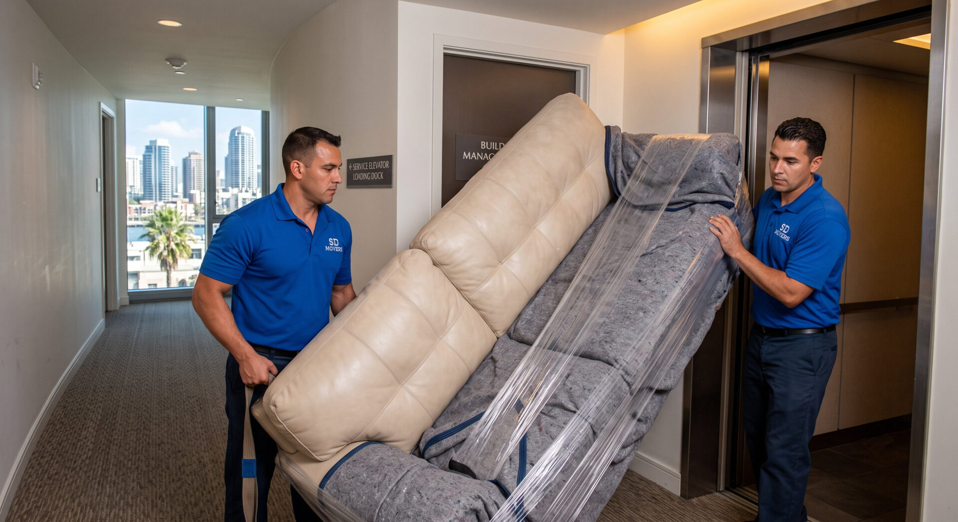 Apartment Movers San Diego Guide- High-Rise Moving Tips - Little Guy Big Truck Moving and Storage Two movers in blue uniforms carry a large wrapped sofa toward an open elevator in a hallway with a city skyline visible through a window.