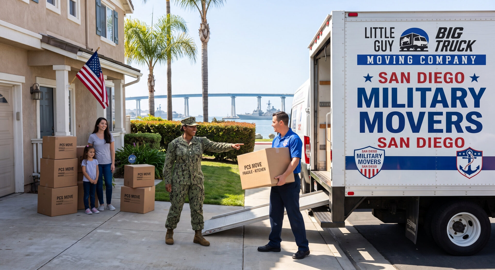 Little Guy Big Truck Blog- San Diego Military Moving Guide - Little Guy Big Truck Moving and Storage Military service member and a mover hand a box between a truck and a house as a family watches with stacked boxes nearby.